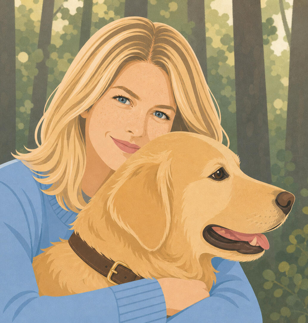 Claire Winfield Author author Claire Winfield with golden retriever illustration